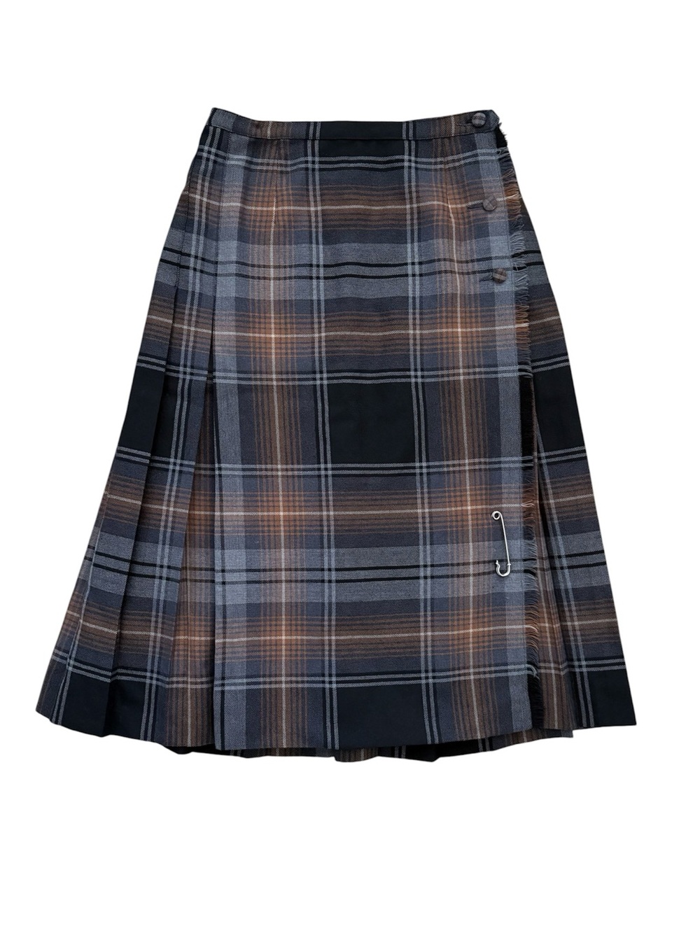 Vintage Tartan Plaid Wool Wrap Midi Kilt Skirt Canada Button Neutral Fits Size 6 - Picture 14 of 14